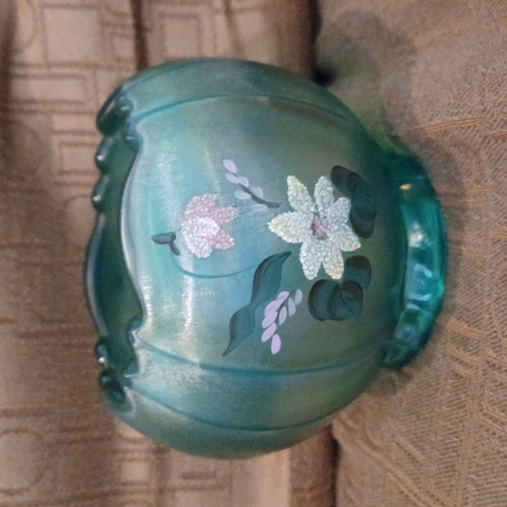 Fenton Blue Green Iridescent Bowl With Hand Painted Flowers - Picture 2 of 5